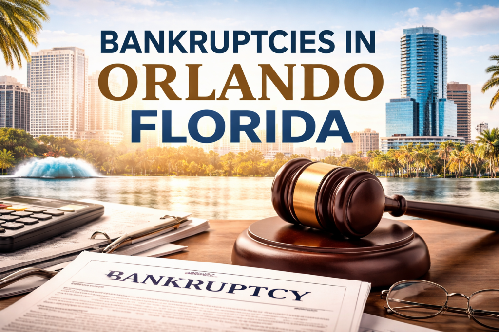 Bankruptcies in Orlando Florida represented by a judge’s gavel and bankruptcy documents with the Orlando skyline in the background